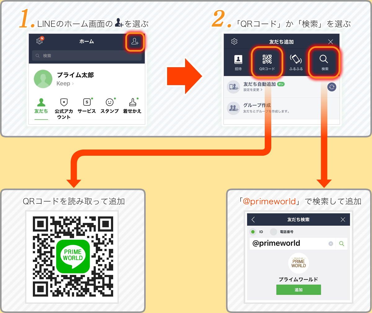LINEはQRコードかID検索から追加